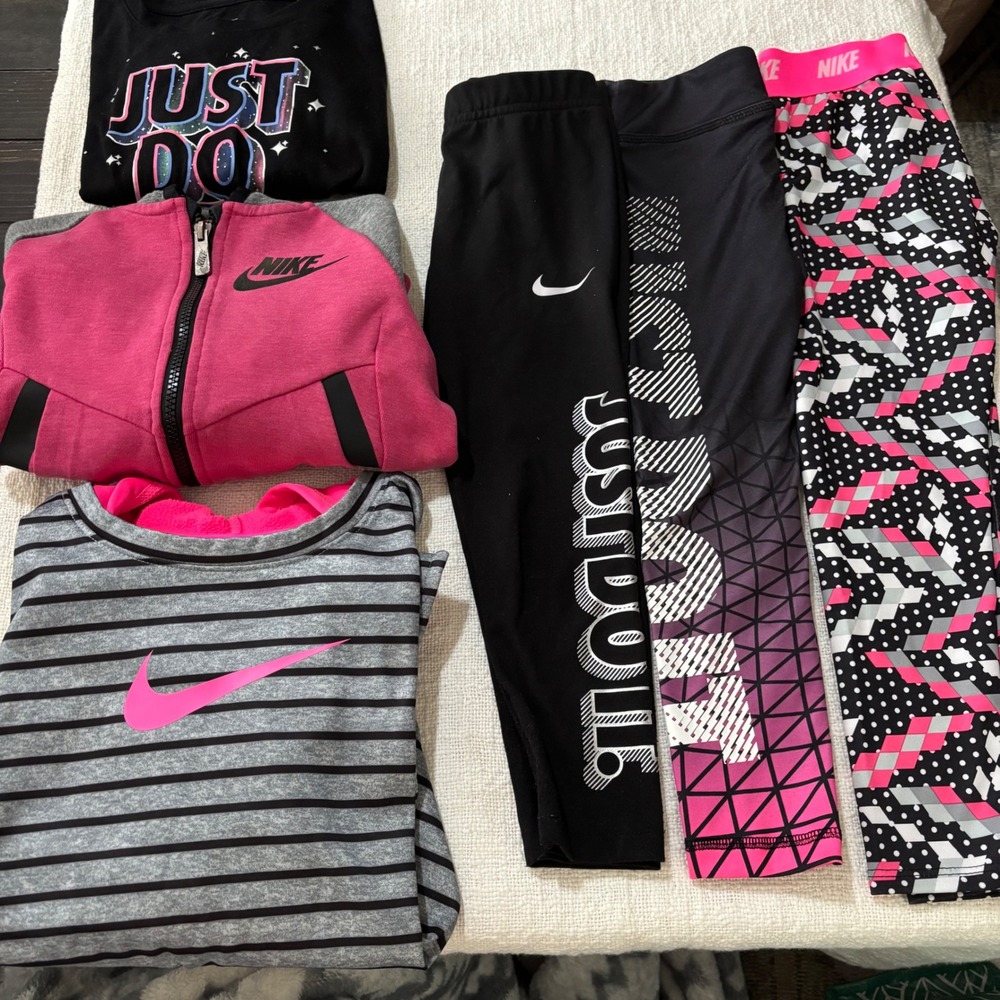 Nike Girls Activewear Lot 6pc Tech Fleece Hoodie Leggings Shirts Pink Black 5 6